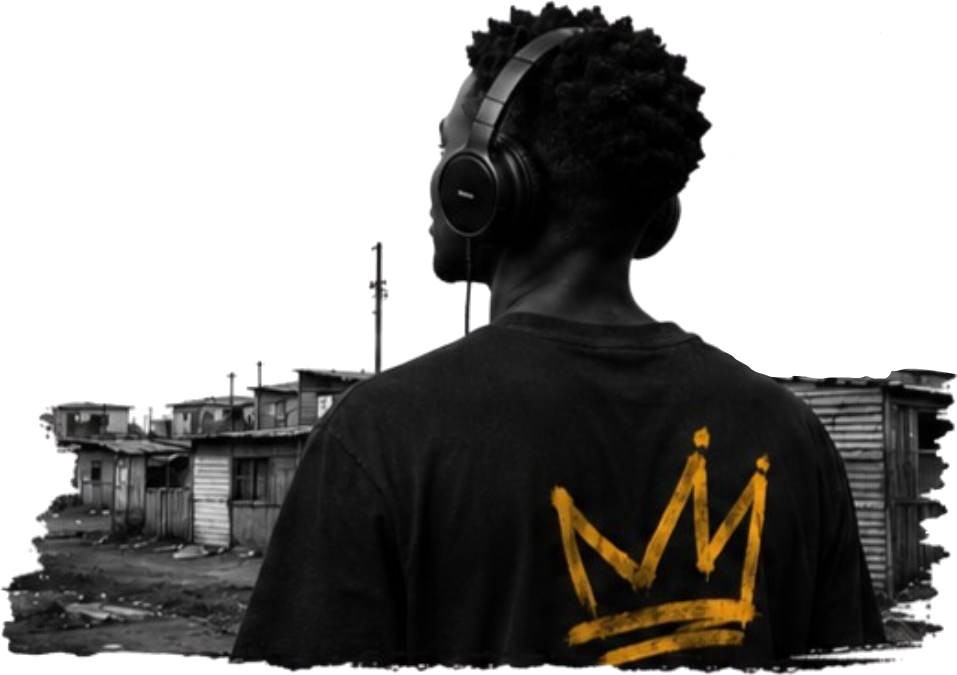 iSinkwaMtase portrait: headphones and a crown on a kasi rooftop