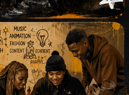 Three creators working on laptops with iSinkwaMtase wall content: music, animation, fashion, content, tech