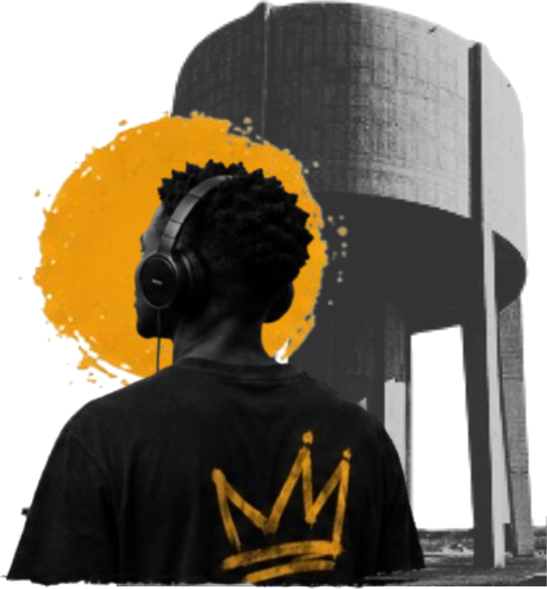 iSinkwaMtase: headphones, gold crown shirt, water tower behind, kasi